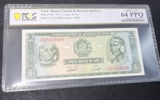 Billete Perú 1974 5 Soles de Oro Papel Moneda PCGS 64 PPQ Elección UNC