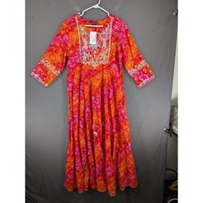 Rytras Womens Cotton Printed Anarkali Embroidery Kurti Red Orange XXL