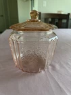 VINTAGE OPEN ROSE ANCHOR HOCKING PINK DEPRESSION COOKIE or BISCUIT JAR w/LID