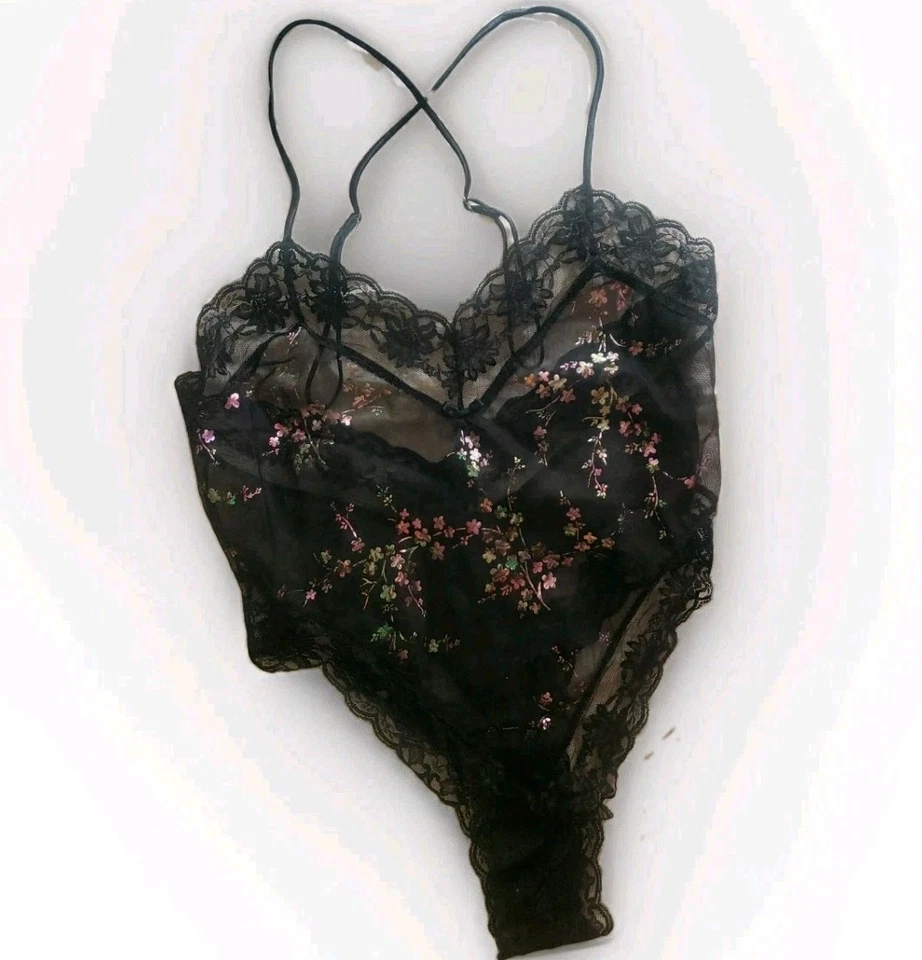 Fantasy Lingerie See Through Mesh Lace Teddy Black with Pink Flowers Small VTG - Image 2 of 4
