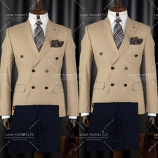 Khaki Men's Suit Doubel Peak Lapel Double Breasted Business Prom Tuxedo Jacket