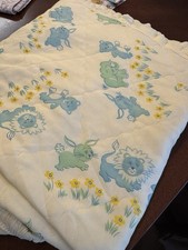 VTG Nylon Quilted Baby Blanket Animals Ruffle 50x36 JCP USA Lion Bunny Elephant