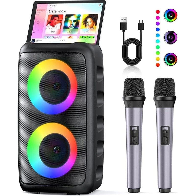 Karaoke Machine Bluetooth Speaker 2 Mic LED Light Show TWS 8H Playtime New - Image 2 of 4