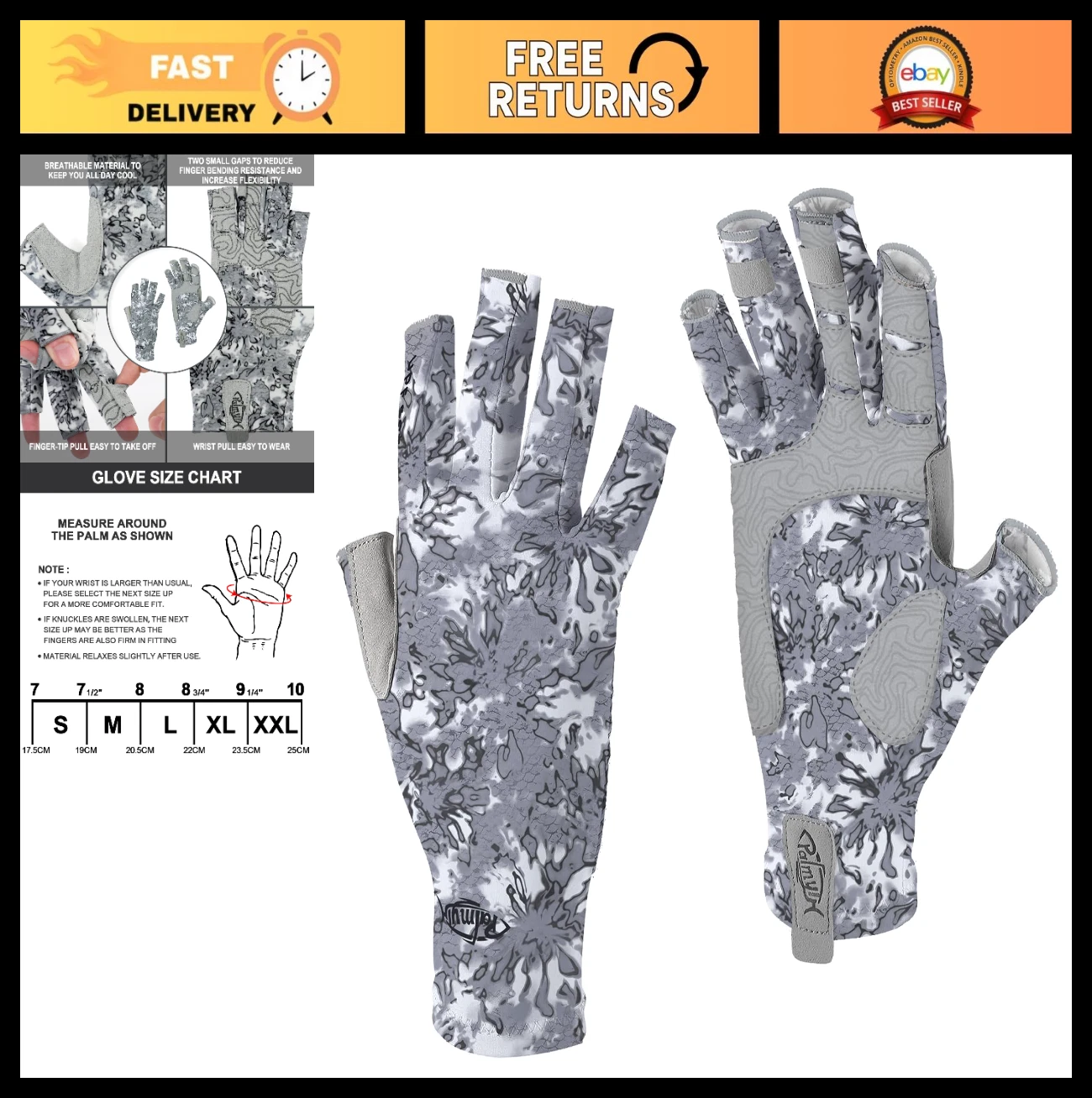 UV Protection Fingerless Fishing Gloves UPF50+ for Kayaking, Hiking, Paddling, C
