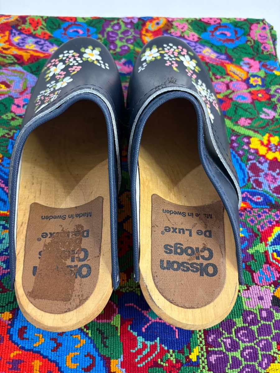 Olsson Navy Blue Hand Painted Swedish Wooden Clogs SZ 7-7.5 VGC View 2