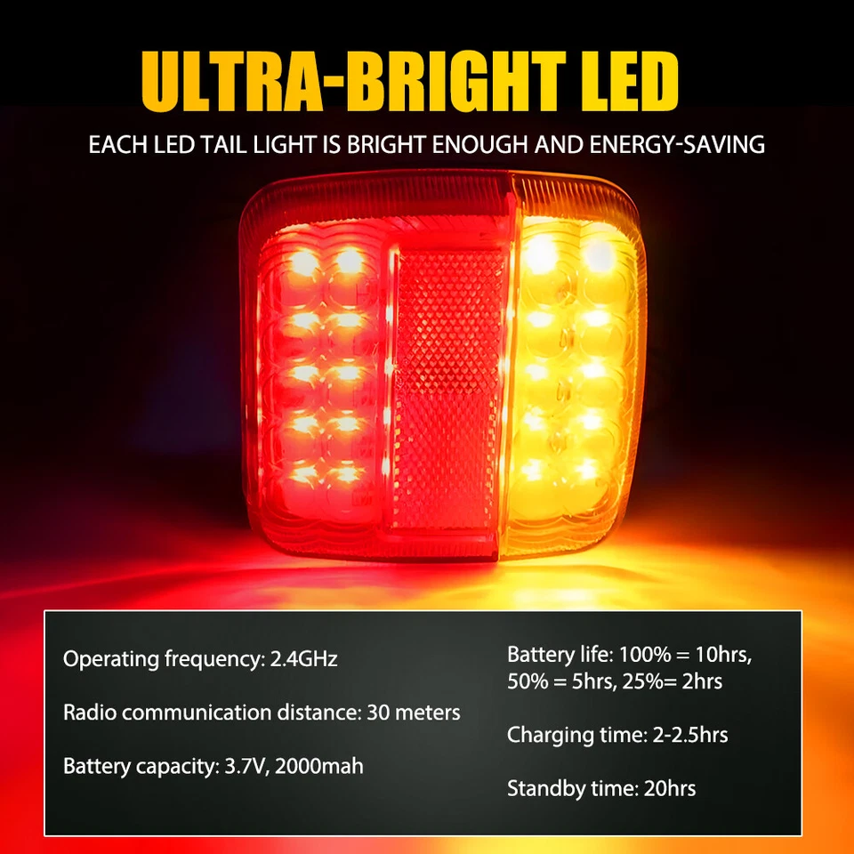 12-24V Wireless USB Magnetic LED Tail Lights kit Towing Trailer Rear Lights 2x - image 3 of 4