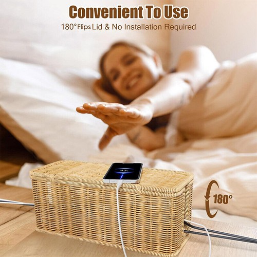 Desktop Cable Management Box with Cover Rattan Style Power Cord Organizer Case - Picture 4 of 12