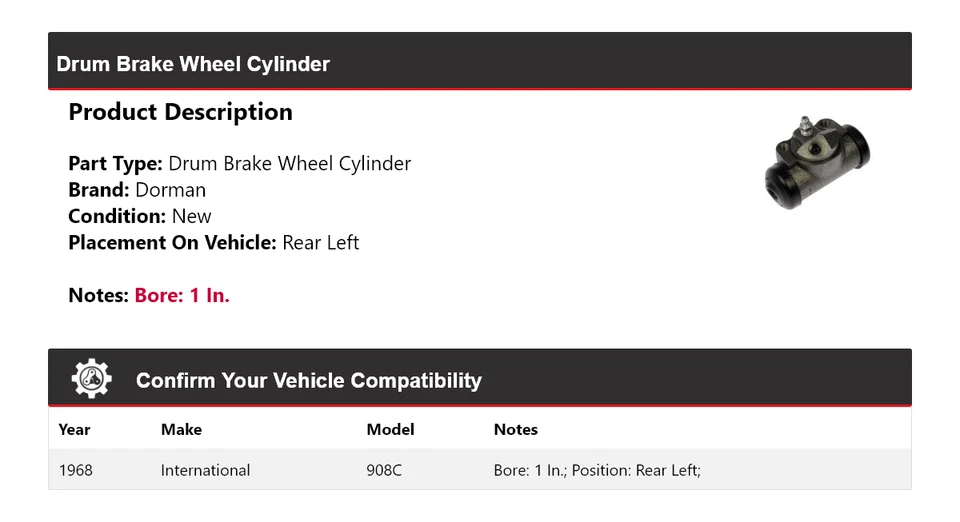Cilindro de rueda de freno de tambor trasero izquierdo International 908C Dorman 1968 Foto 2 de 4