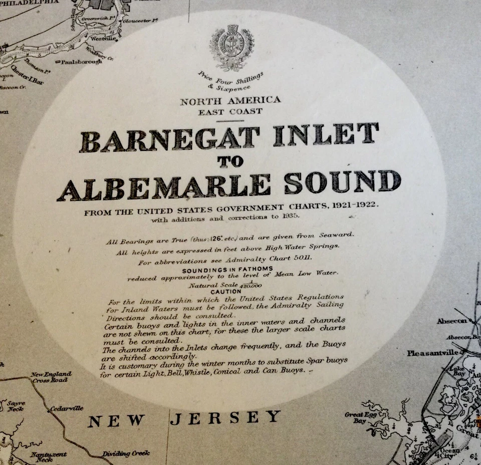 VINTAGE ADMIRALTY CHART. No. 266. BARNEGAT INLET to ALBEMARLE SOUND. 1923 EdN. - Image 2 of 4