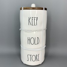  Rae Dunn KEEP-HOLD-STORE Ceramic Stackable Storage Jars Wood Lid 10"