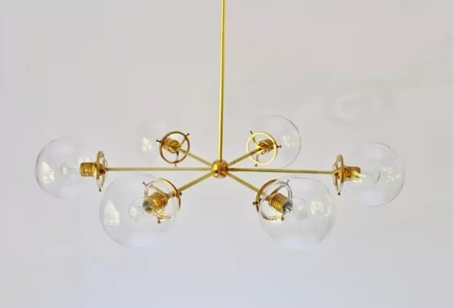 Lustre à décor italien Stilnovo Spoutnik laiton 6 bras 12 feux milieu