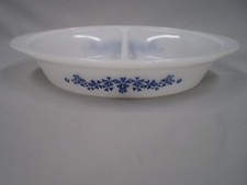 Vintage Glasbake Blue Pinwheel J-239 Divided Oval Baking Vegetable Dish