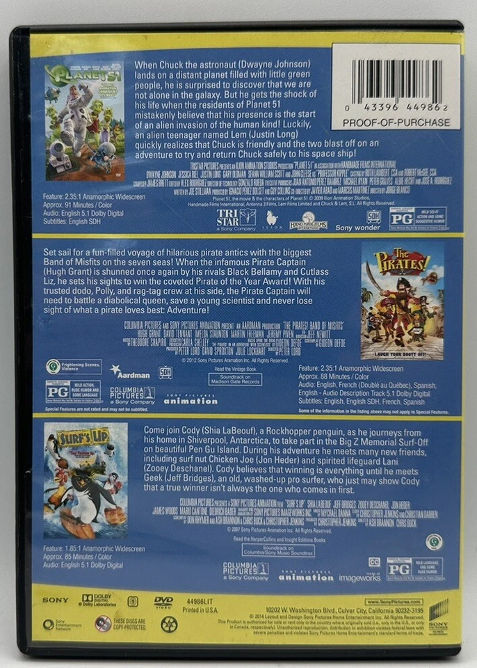 Triple Feature DVD Planet 51 The Pirates Surf’s Up Animation Free Shipping 2014 - Image 2 of 3