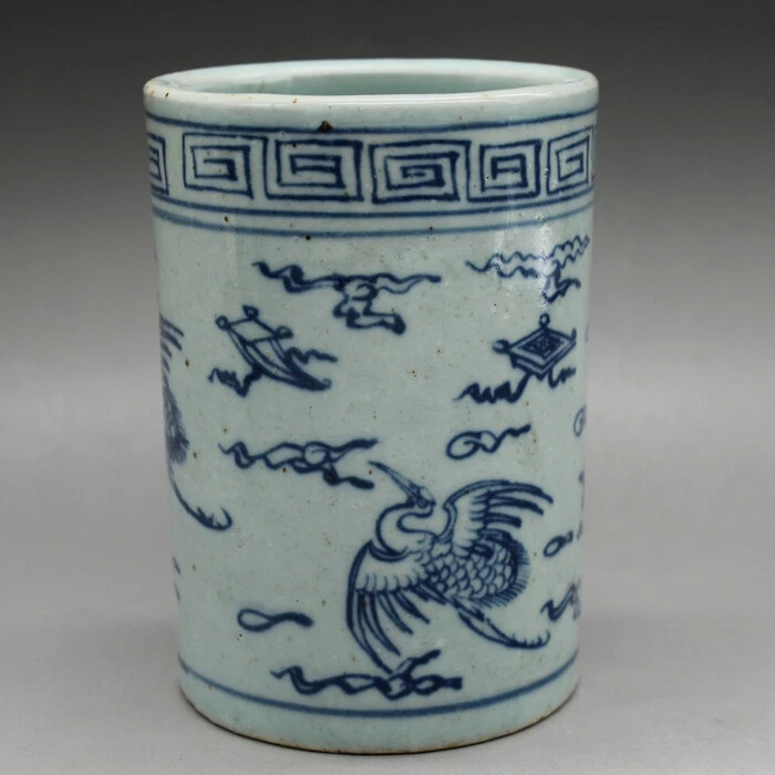 Pincel de porcelana azul branco chinês 11 cm pintado à mão vermelho coroado decoração de vaso - Imagem 3 de 4