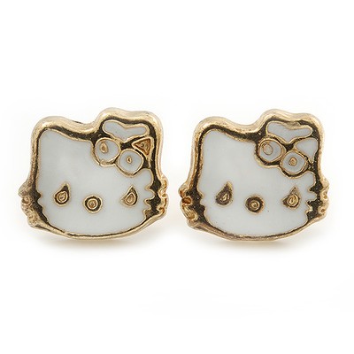 Kleine weiße Emaille-Ohrstecker ''Kitty'' für Kinder/Teenager/Kids in Gold