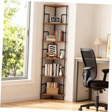 65" Corner Shelf, 6-Tier Industrial Corner Bookshelf with 6 Tier Rustic Brown