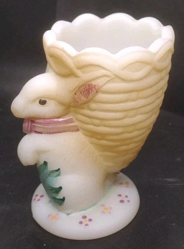 Fenton Glass Easter Rabbit with Basket, Hand Painted and Artist Signed