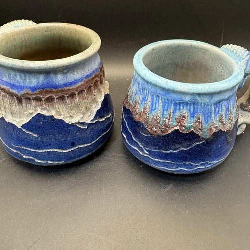 Vintage Studio Pottery Mugs Set of 2 Blue Drip Glaze Signed Handmade Ceramic