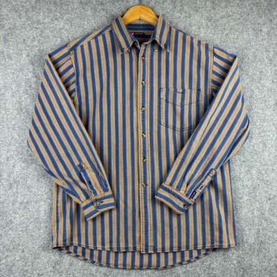 Easy Jeans Denim Shirt Mens Medium Retro Blue Pin Striped Button Down Casual