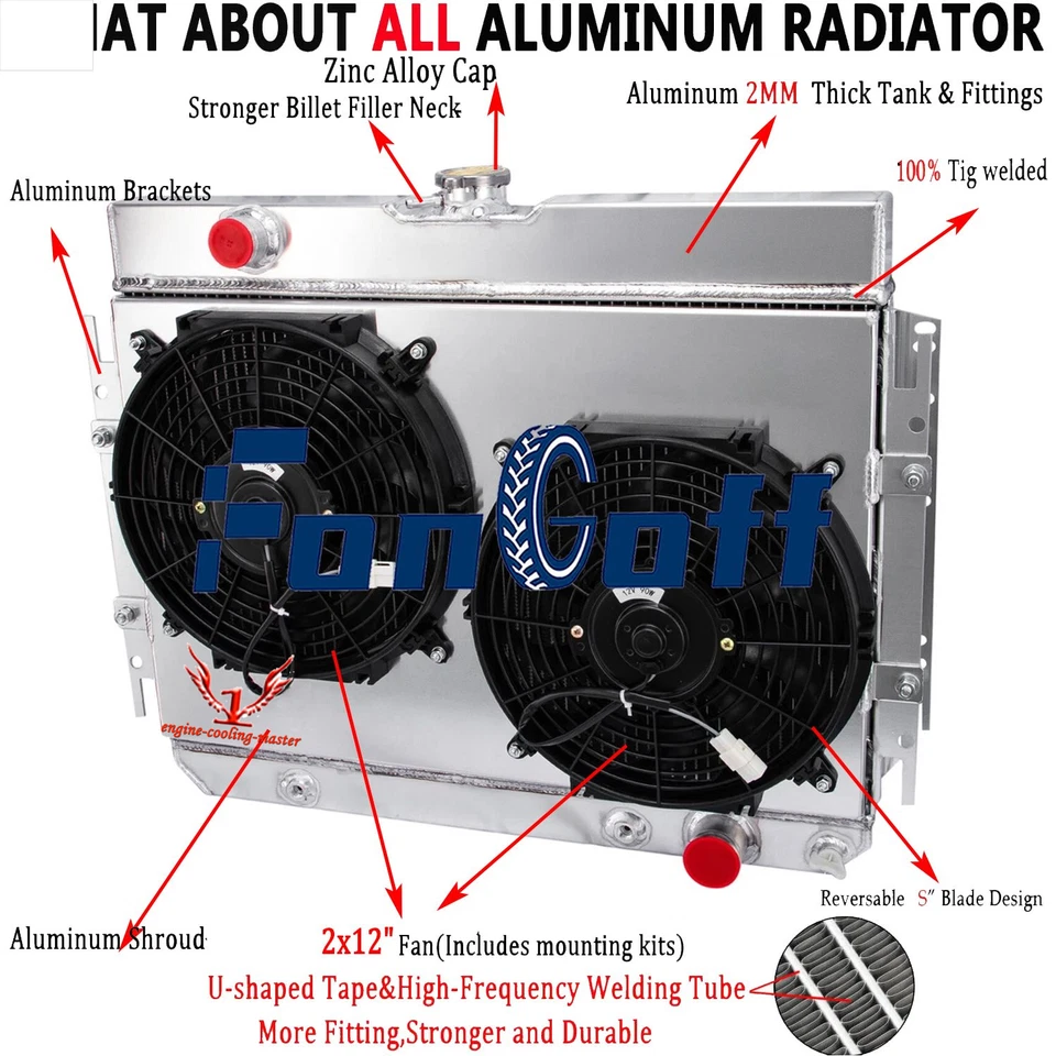 4 Row Radiator+Shroud Fan For 63-68 67 Chevy Bel Air/Impala/Chevelle El Camino Foto 2 de 4