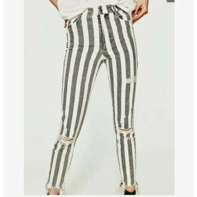Zara Trafaluc Denimwear Skinny Jeans Black White Stripe Distressed Raw Hem 10
