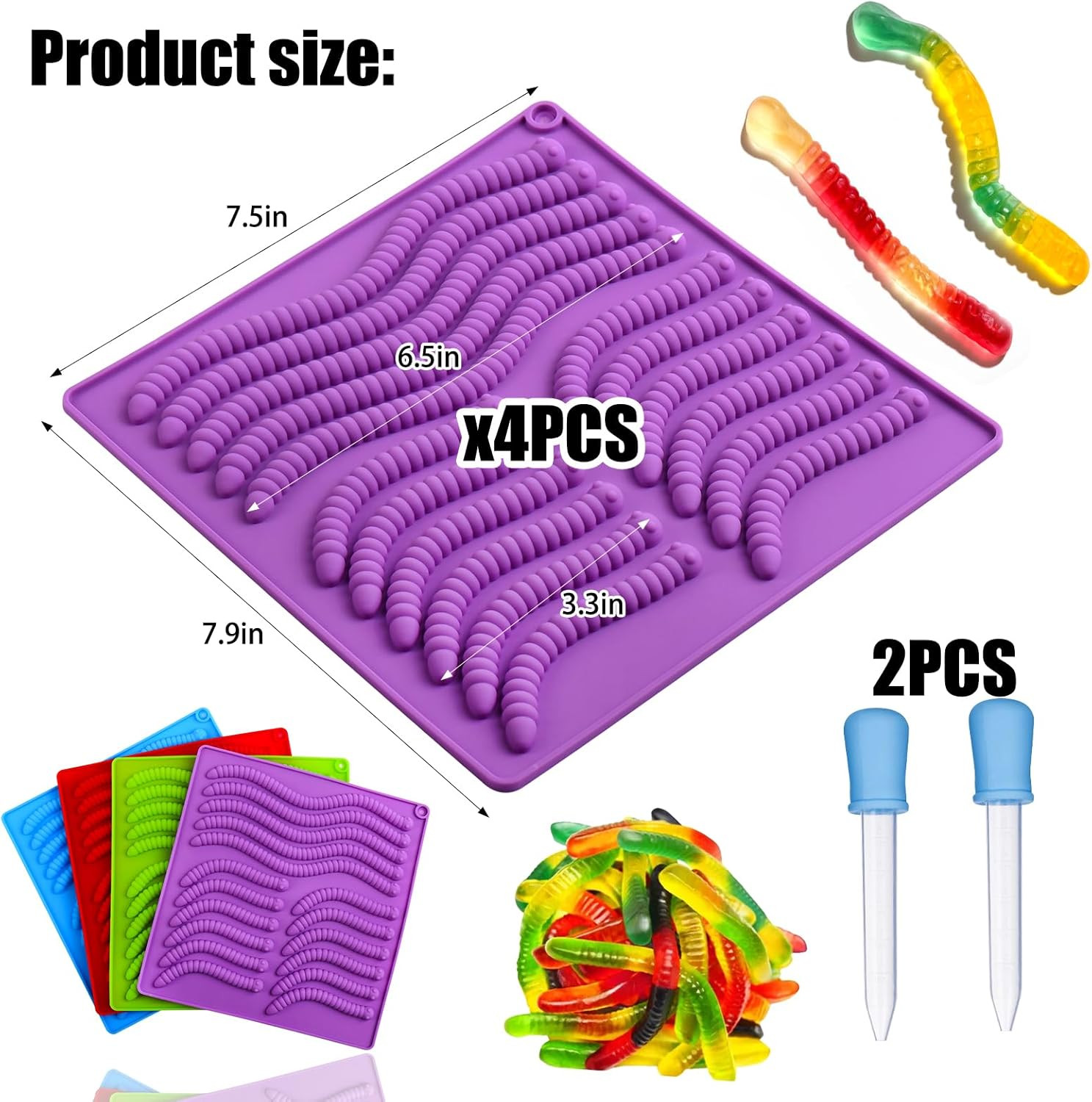 4Pc Gummy Worm Molds | Silicone Candy Molds for Kids Fruit Snacks & Gummies