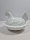 Vintage Indiana White Milk Glass Hen On Nest Covered Oval Beaded Dish 7"