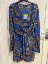 Pretty Little Thing Cobalt Silky Long Sleeve Wrap Dress Uk 16