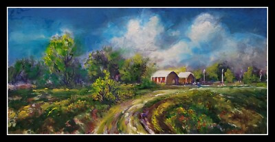 Original Oil Painting Cloudy Farmhouse Landscape Rural Country Side Art Signed 