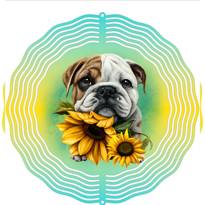 Handmade English Bulldog Puppy With Flowers 8in Round 3D Wind Spinner