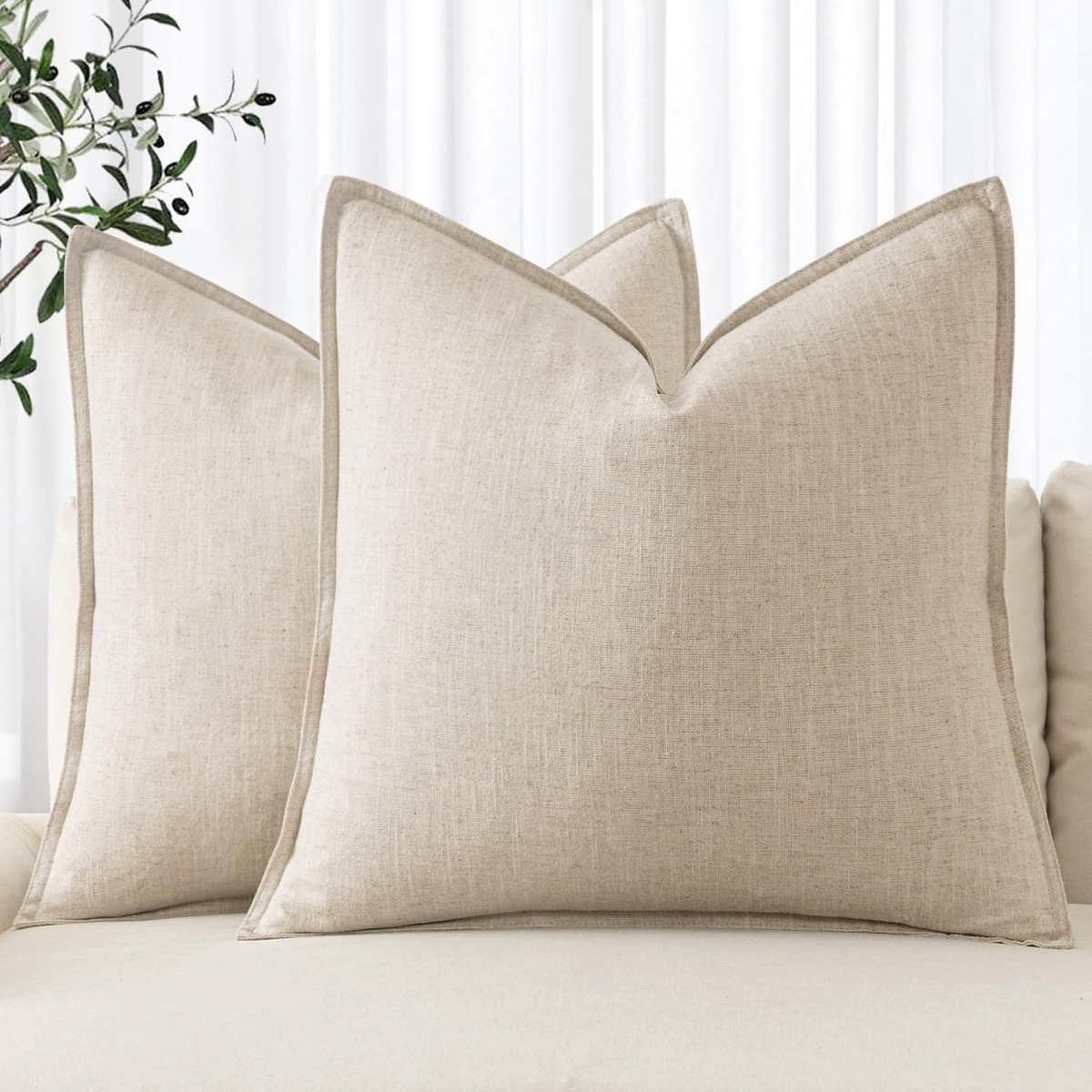 Decorative Linen Pillow Covers 18X18 Inch Natural Beige Pack of