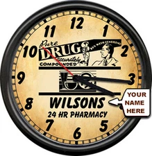Drug Store Pharmacy Pharmacist Retro Vintage Personalized Your Name Wall Clock