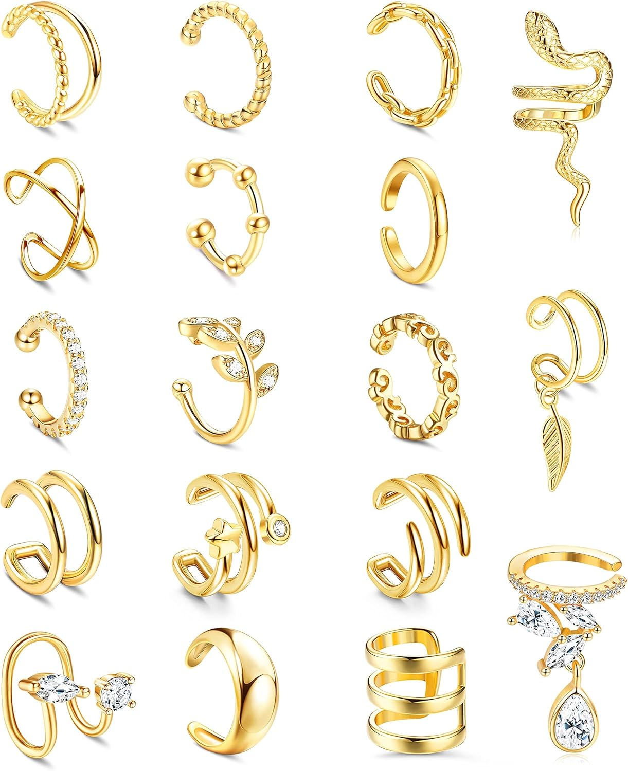18Pc Gold Non-Piercing Adjustable Ear Cuff Earrings for Women Clip-On