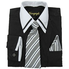 Boys Black Dress Shirt V2024 Striped White Contrast Collar Long Sleeves 4 to 20