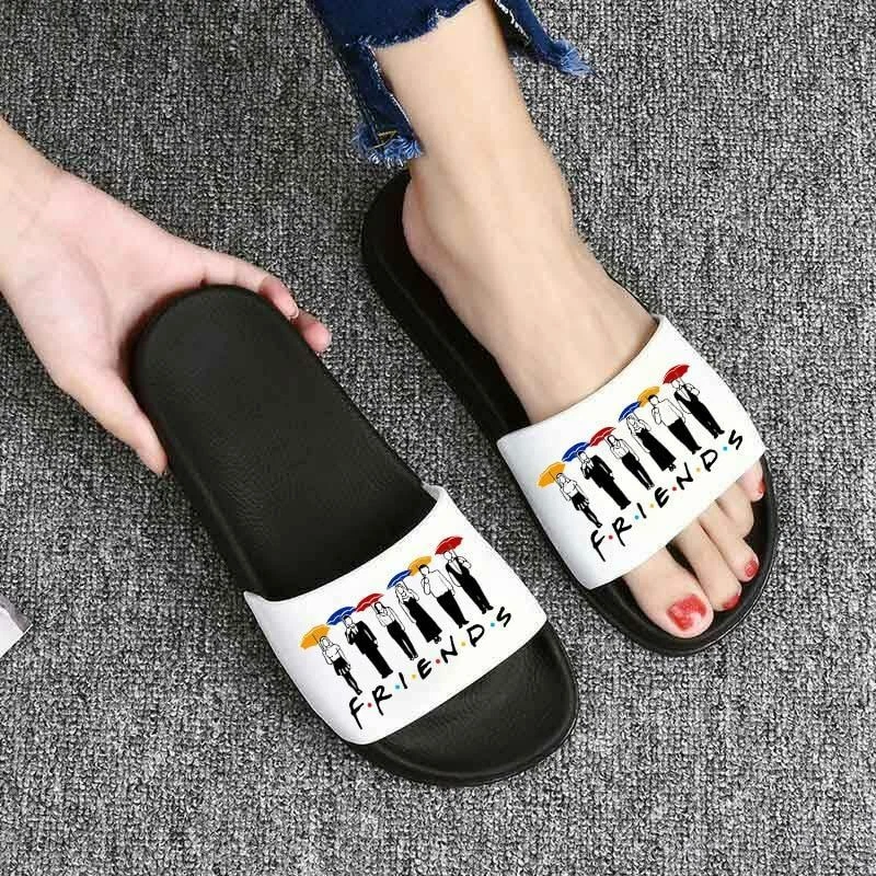 Women Slippers Friends Printing Cartoon Home Slippers Thick Sole Sandals Shoes L