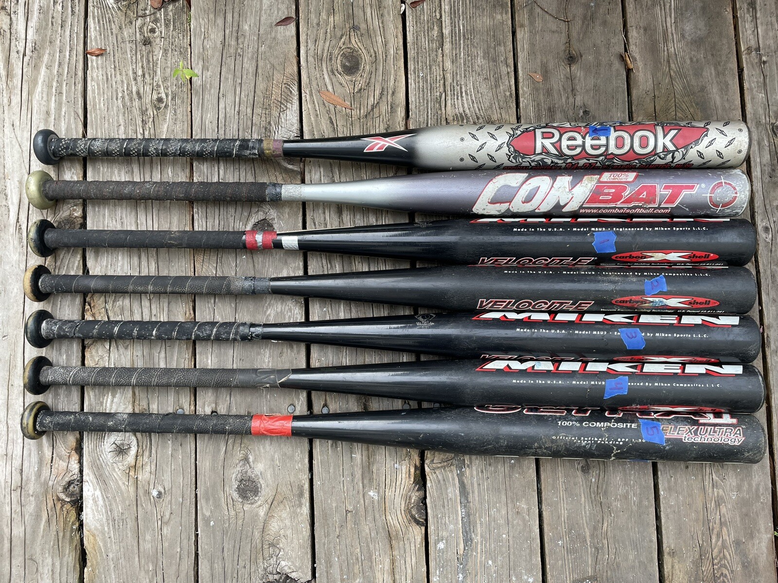 DAMAGED LOT OF 7 SENIOR SOFTBALL BATS 34" MIKEN REEBOK MELEE COMBAT DA