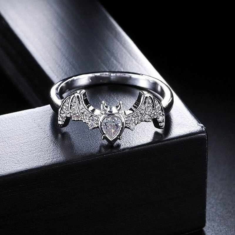 Animal Bat Ring For Women White Cubic Zirconia Vintage Punk 14K