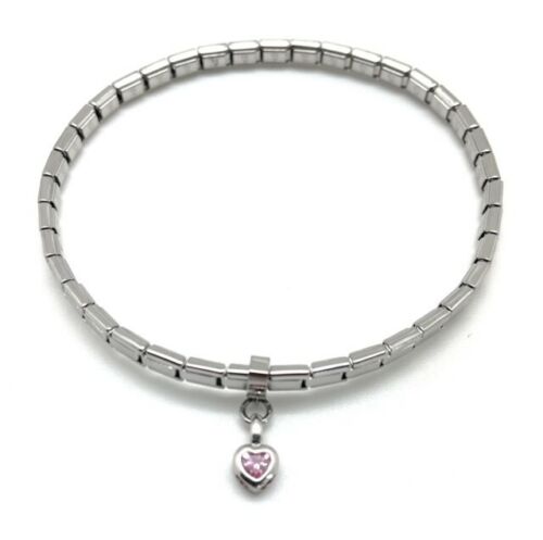 Italian Modular Charm Bracelet Dangle Pink CZ Heart Stainless Steel Silver 4 mm - Picture 1 of 11