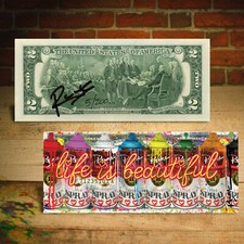 Life is Beautiful - LATAS SPRAY AMOR firmadas por MRENCY billete de $2 genuino S/N # de 200
