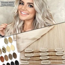 Thick Double Weft Clip In Remy Real Human Hair Extensions Full Head highlight US
