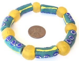 Handmade Cylinder Multi Green Colored Ghana Krobo Recycled African trade beads