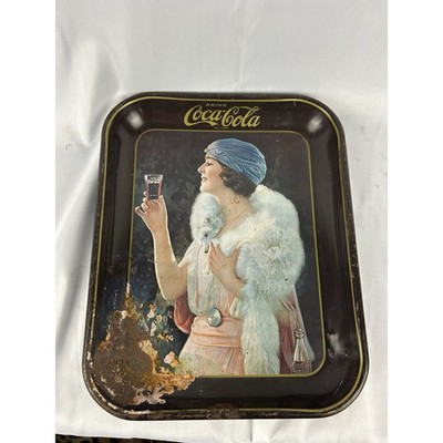 Original Coca-Cola Serving Tray 1920s Lady w/ Glass Vintage Coke Tin As-Is