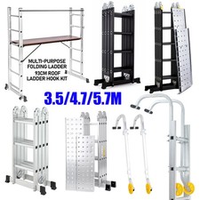 3.5M-5.7M Multi-Purpose Folding Ladder, Aluminium Platform Ladder Roof Hook UK