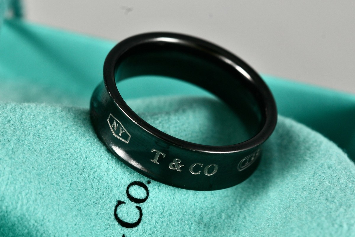 Tiffany & Co. 1837 Mens Black Titanium Wide Concave Band Ring Size