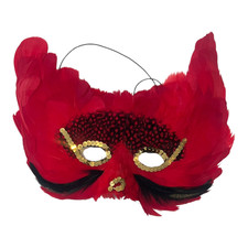 Red Feather Masquerade Mask Devil Horns Cat Eye Gold Sequin Halloween Costume