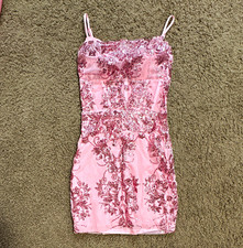 Windsor XS Pink Sequin Mesh Floral Bodycon Mini Dress Sweetheart Zipper and hook