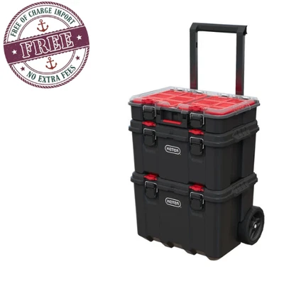 KETER Stack-n-Roll Modular Tools Organizer Garage Storage, 3 Piece Resin Rolling Tool