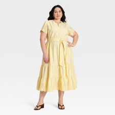 Women's Short Flutter Sleeve V-Neck Front Tiered Eyelet Midi Dress - Ava