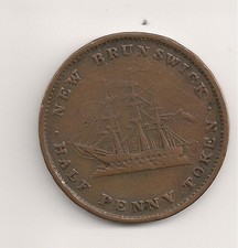 #A1108 NEW BRUNSWICK Canada 1843 Half Penny Token Queen Victoria & Sailing Ship