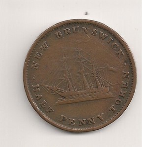 #A1108 NEW BRUNSWICK Canada 1843 Half Penny Token Queen Victoria & Sailing Ship